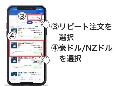 ③今回はリピート注文を選択
④人気の通貨ペア「豪ドル/NZドル」を選択し「セレクト」をクリック