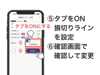 ⑤運用停止ラインのタブをONにして、損切りラインを設定
⑥「確認画面へ」をクリックし問題なければ、「変更する」をクリックして完了