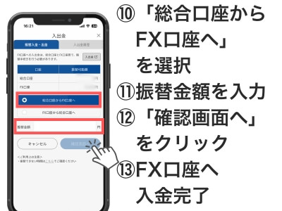 総合口座からFX口座へ金額を指定して振替