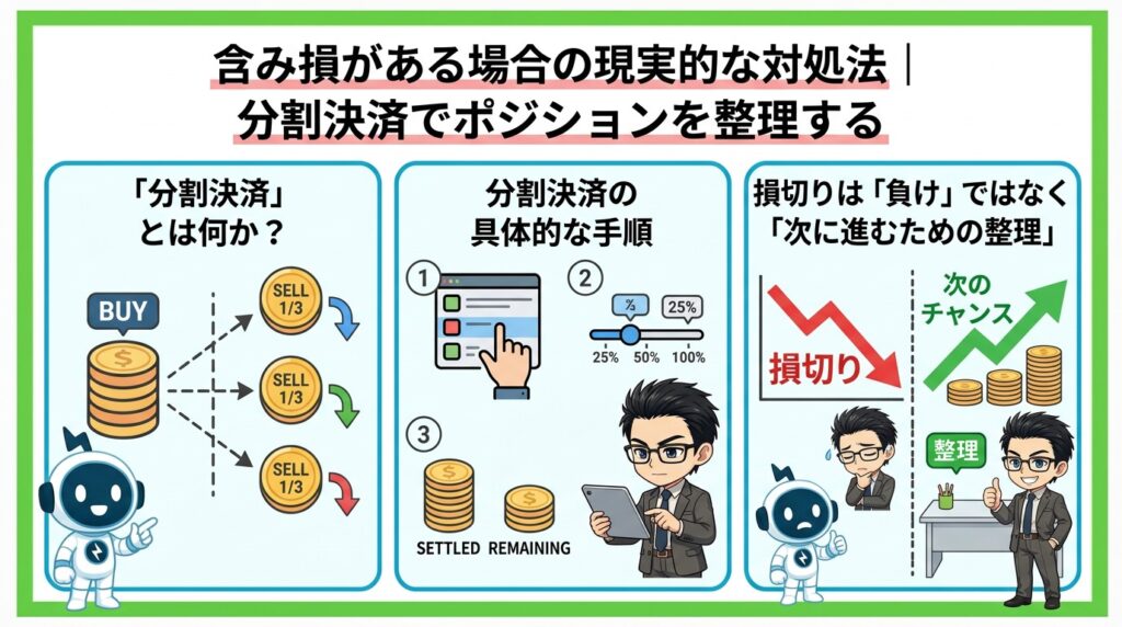 含み損がある場合の現実的な対処法|分割決済でポジションを整理する