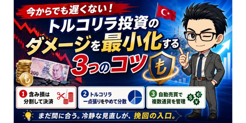 今からでも遅くない!トルコリラ投資のダメージを最小化する3つのコツについて解説した画像