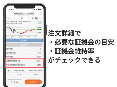 ②注文詳細で必要な証拠金の目安や証拠金維持率を確認。