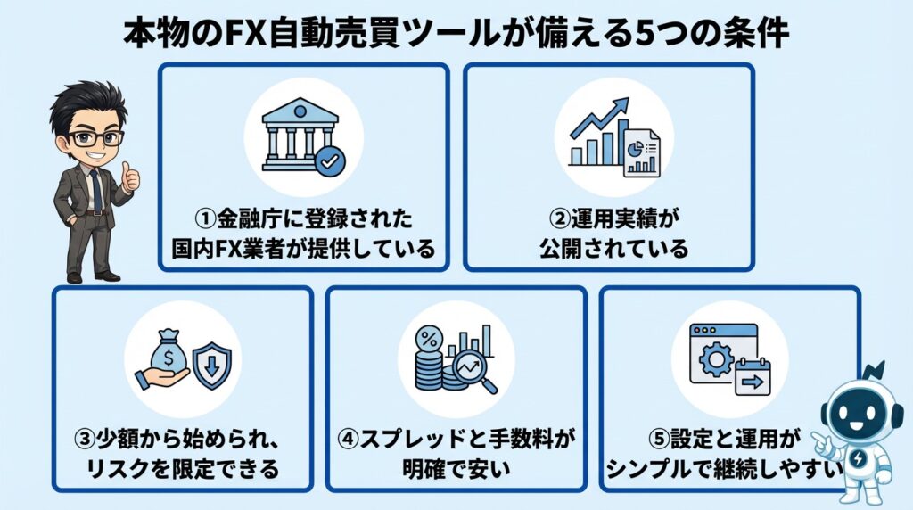 本物のFX自動売買ツールが備える5つの条件