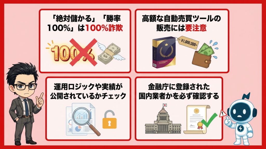 AI自動売買の詐欺ツールに注意！見分け方4つのポイント