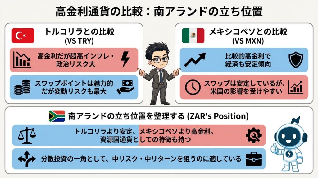 南アランドと他の高金利通貨を比較する