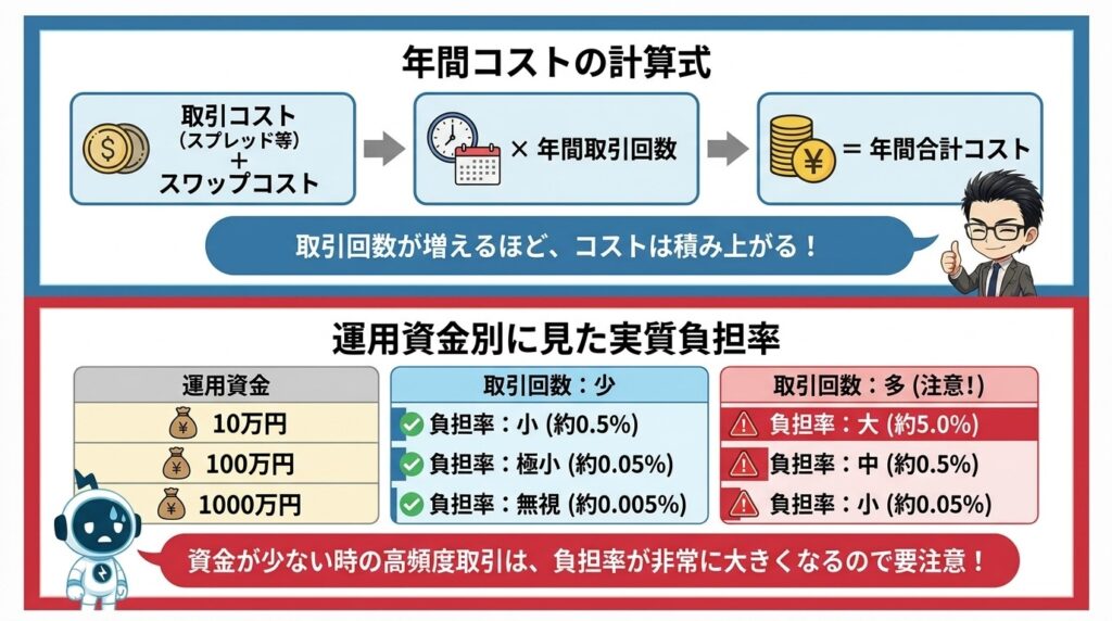 FX自動売買の年間コストを取引回数別に試算
