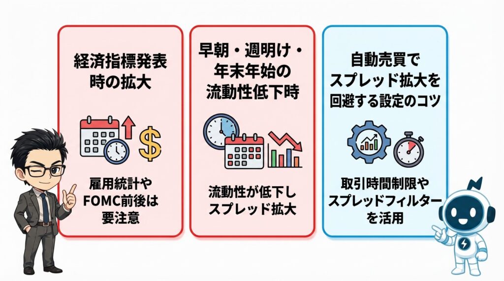 スプレッドが拡大しやすい場面と自動売買での回避策