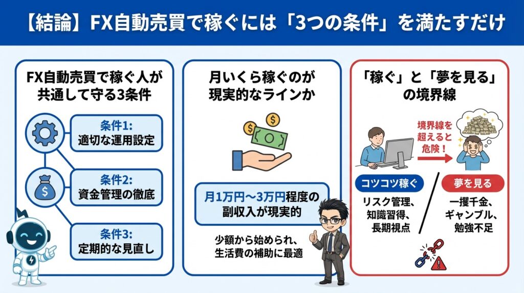 【結論】FX自動売買で稼ぐには「3つの条件」を満たすだけ