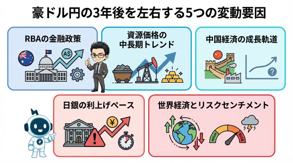 豪ドル円の3年後を左右する5つの変動要因