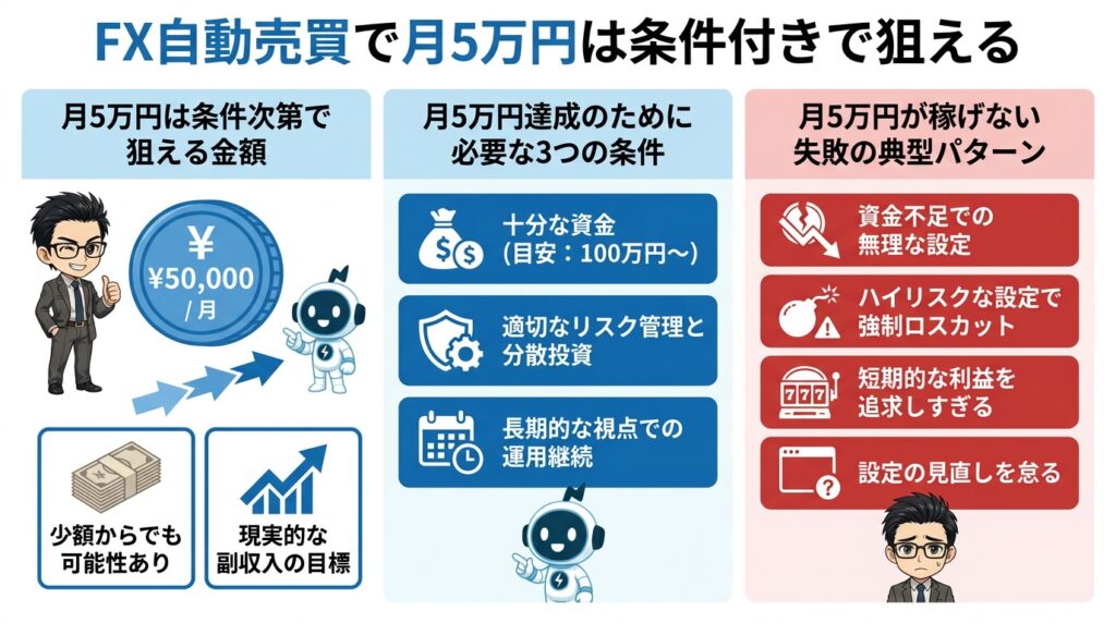 FX自動売買で月5万円は条件付きで狙える