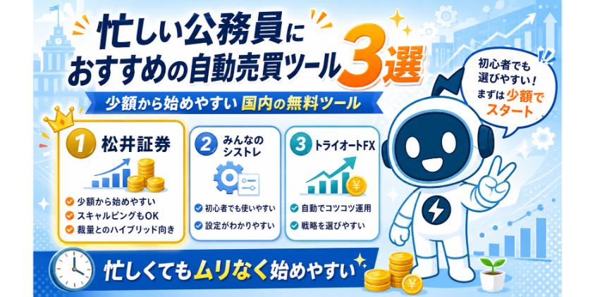 忙しい公務員におすすめの自動売買ツール3選について解説した画像