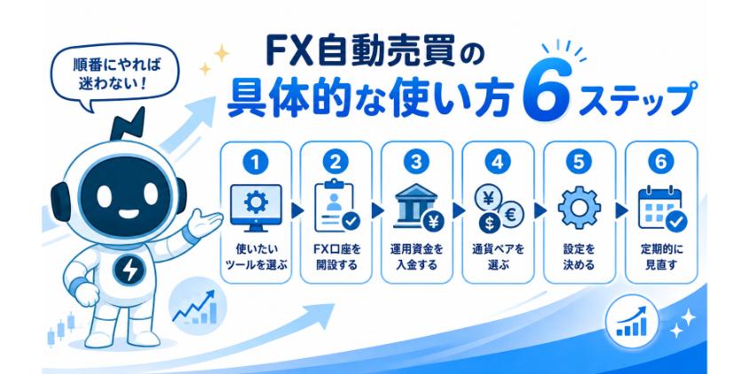 FX自動売買の具体的な使い方6ステップについて解説した画像