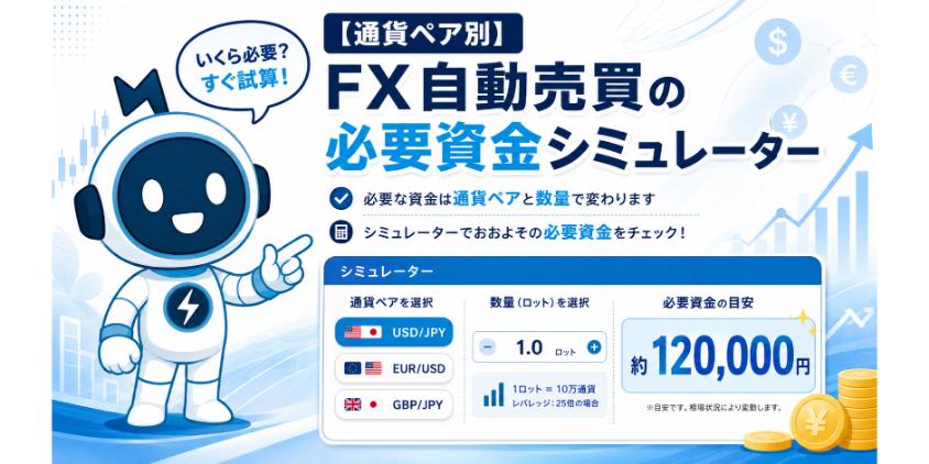 【通貨ペア別】FX自動売買の必要資金シミュレーターについて解説した画像