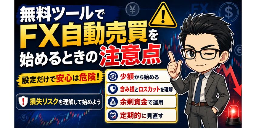無料ツールでFX自動売買を始めるときの注意点について解説した画像